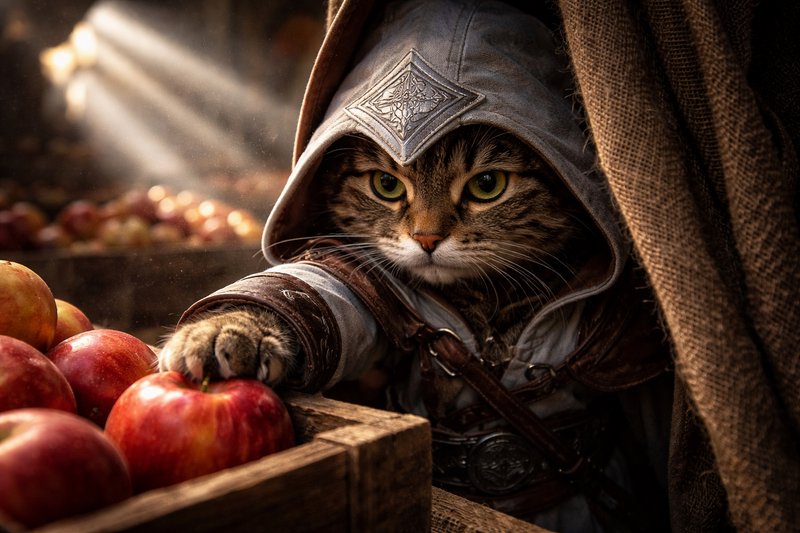Cat dressed in a medieval hooded cloak and armor reaching for apples in a market crate.