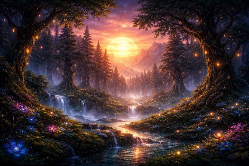 Dreamlike forest valley with glowing orbs, a sunset, and a sparkling stream.