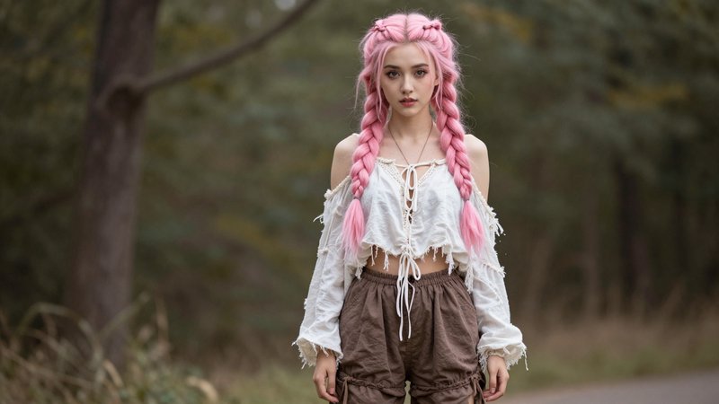 A beautiful stunning rendered woman, LilmissGrumpy Pants fairy, pink and white disheveled braided hair, disheveled boho clothes. Professional photography, bokeh, natural lighting, canon lens, shot on dslr 64 megapixels sharp focus.