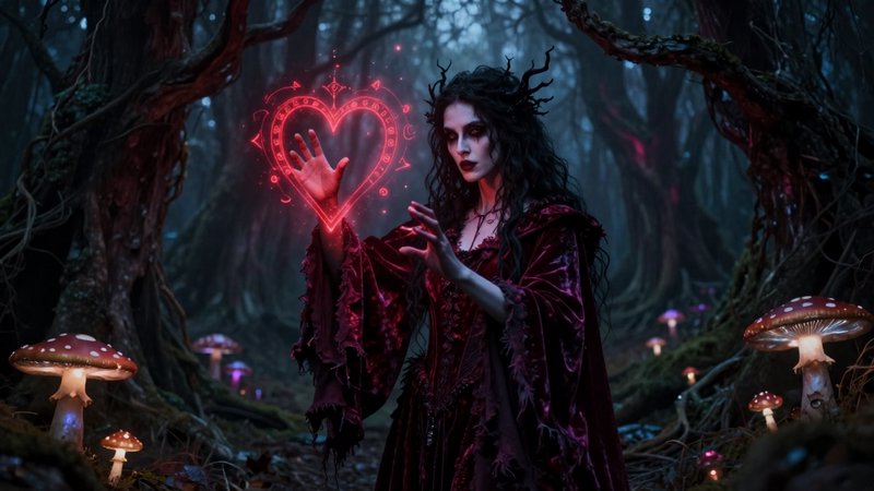 A beautiful sorceress in ragged gothic velvet robes, standing in a dark enchanted forest filled with bioluminescent mushrooms and twisted trees. She is casting a heart shaped dark red spell, glowing runes surrounding her hands. Eerie, mysterious atmosphere, pale face with dark makeup, ethereal glow, dark fantasy art, detailed, atmospheric, 8k, by Brom and H.R. Giger.