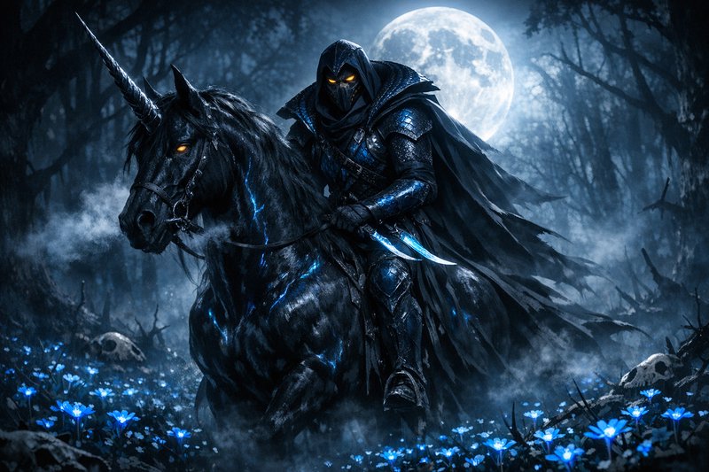 A hooded knight in glossy blue armor rides a fierc | suga2309 on ...