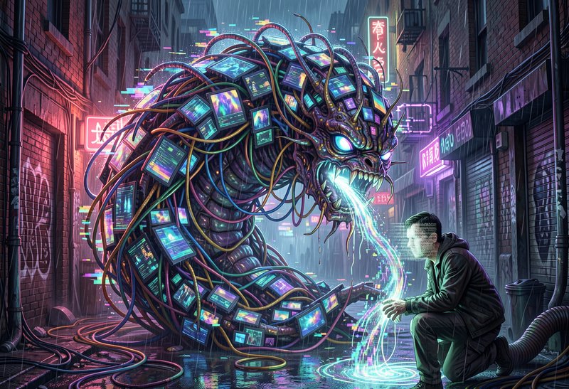 Concept art of The Data-Worm, a colossal digital parasite manifesting in the physical world, body composed of a swirling vortex of shattered LCD screens and tangled fiber-optic cables, kaleidoscopic glitch effects, iridescent light leaking from cracks, pixelated edges, feeding on a glowing stream of personal data and memories from a human victim, victim’s face blurring into digital static, cyberpunk back alley setting, rain reflecting neon glitches, cinematic lighting, hyper-detailed, 8k, surreal horror aesthetic, in the style of Simon Stålenhag and H.R. Giger --ar 16:9 --v 6.0