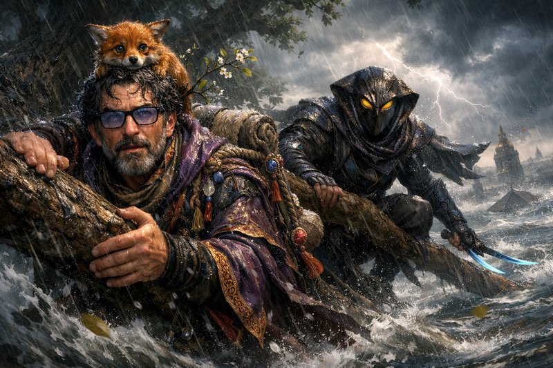 Rugged man with glasses clings to a log in a stormy sea; a fox sits on his shoulder as a hooded figure lurks.