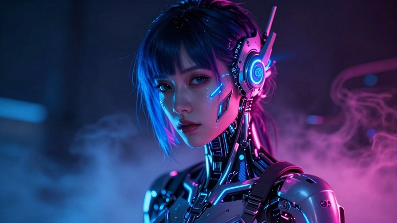 A mesmerizing portrait of a cyberpunk android woman, glowing neon electric blue and magenta, intricate metallic accessories, futuristic digital art style, volumetric fog, high-tech, detailed cybernetic features, dramatic and moody lighting, intense, unreal engine 5, 8k resolution, artistic masterpiece, vivid colors, cyberpunk girl --ar 9:16 --v 6.1