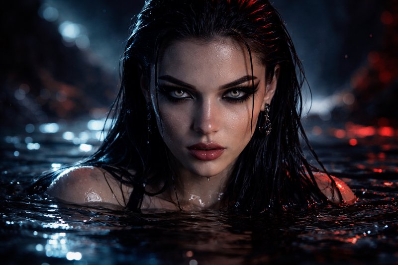 Woman with wet hair emerging from dark water, intense gaze under moody lighting.
