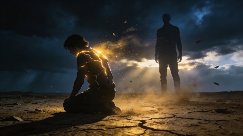 Kneeling figure with glowing crack-like energy on the back beside a standing silhouette on cracked desert ground.
