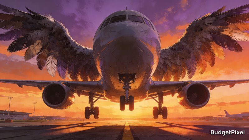 Front view of a large passenger jet landing on a runway at sunset with feathered wings.