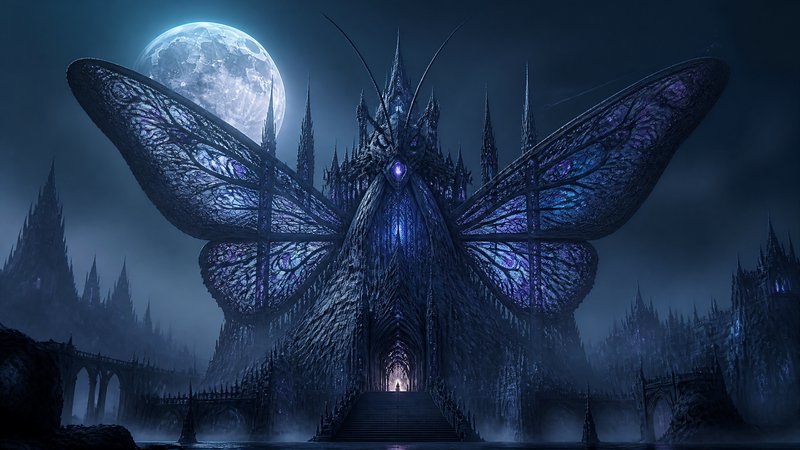 Moonlit gothic fortress with a colossal butterfly-wing creature standing at the entrance.