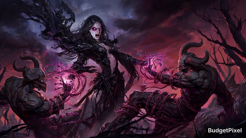 An oil painting style of a stunning enchantress in shredded obsidian robes, relentlessly unleashing necrotic magic, dark energy tendrils binding massive demons, her expression is pure rage and focus. Dark, moody, eerie, detailed dark fantasy art, in the style of Brom and Frank Frazetta. Eerie magical glow, dark crimson and dark violet color palette, dramatic shadows. --ar 16:9 --v 6.1 --chaos 20