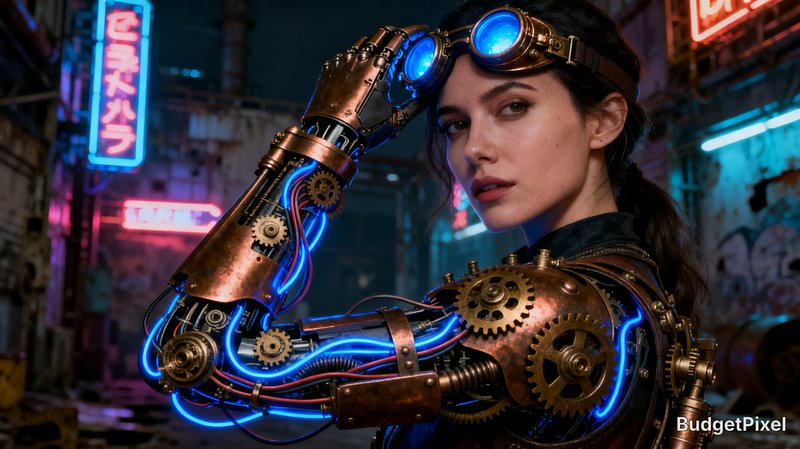 Woman in steampunk cybernetic armor with copper gears and blue neon wiring in a neon-lit urban alley.