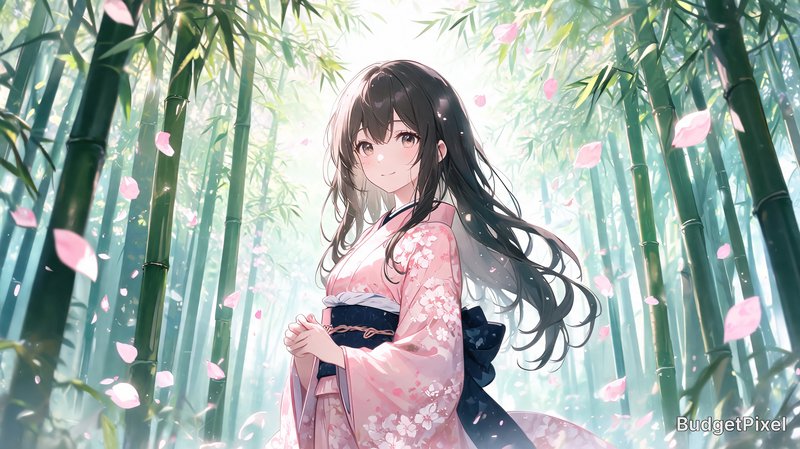 An anime woman in a traditional Japanese kimono, standing in a serene bamboo forest, with cherry blossoms swirling around her.