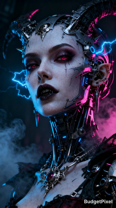 Futuristic cyborg woman with metal headgear and neon blue-pink electrical accents.