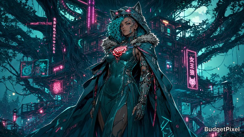 Cyberpunk-wanting wolf-themed woman in teal gown with fur cape in a neon-lit cityscape.