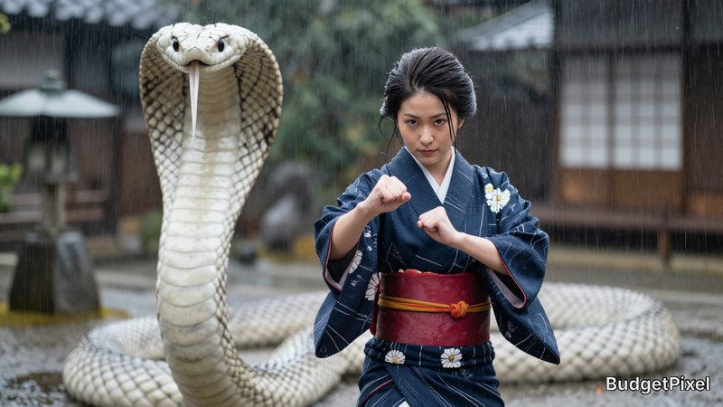 Woman in a blue kimono standing in the rain with a large cobra behind her.