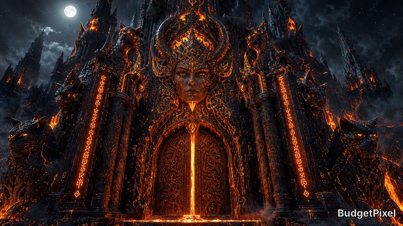 Fiery dark fantasy fortress with a horned, glowing statue and ornate lava-lit gates.