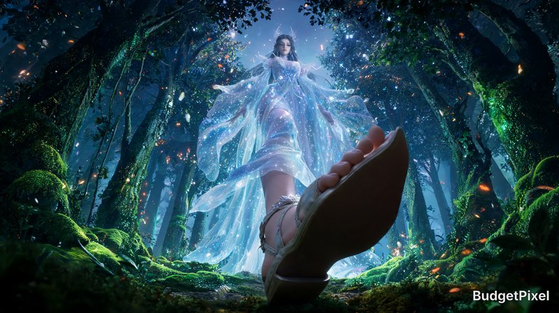 Extreme worm's-eye view from ground level, looking directly up at a majestic enchantress. Monumental scale and towering presence. One foot is positioned in the extreme foreground, appearing giant and close to the camera lens due to forced perspective. She wears an ethereal, flowing gown made of starlight and silk. Setting: a lush, bioluminescent forest with glowing moss and floating magical embers. Cinematic lighting, wide-angle lens, 8k resolution
