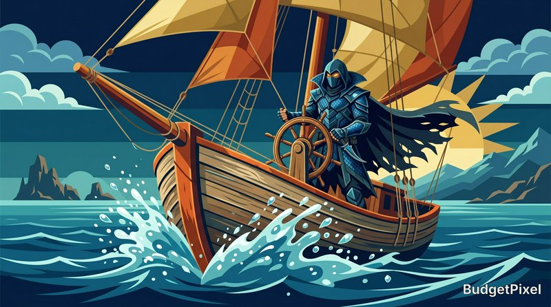 An ultra-detailed 2D vector illustration of an epic sea adventure. A vintage wooden sailboat cutting through deep blue ocean waves, spray of water droplets catching the sunlight. A solo sailor (use character from the reference image) at the wooden steering wheel, looking forward with determination. The art style is clean vector art with sharp lines, flat shapes, precise geometric curves, and smooth gradients. Use a vibrant color palette of deep navy, teal, aqua, burnt orange, and gold. The composition is highly detailed, emphasizing layered depths, crisp outlines, flat shading, and no textures, capturing a sense of high-stakes exploration.