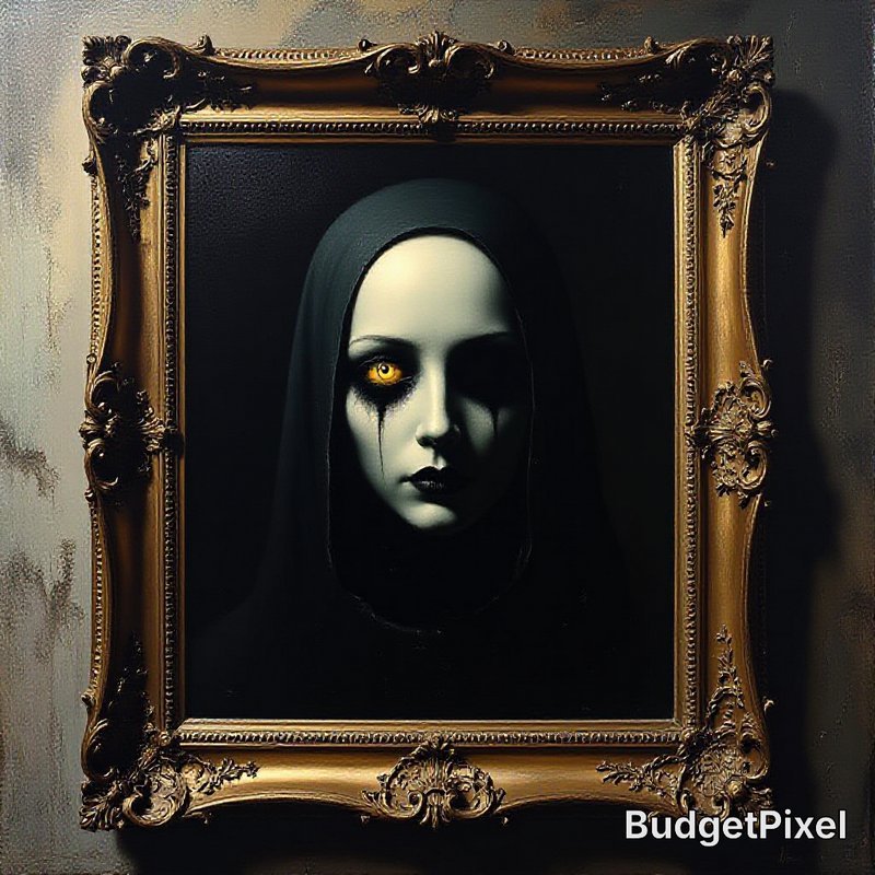 Stylized dark portrait of a nun with a glowing yellow eye in an ornate gold frame.
