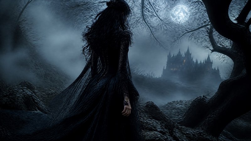 Dark silhouette of a woman in a flowing black gown under a full moon in a misty, eerie landscape