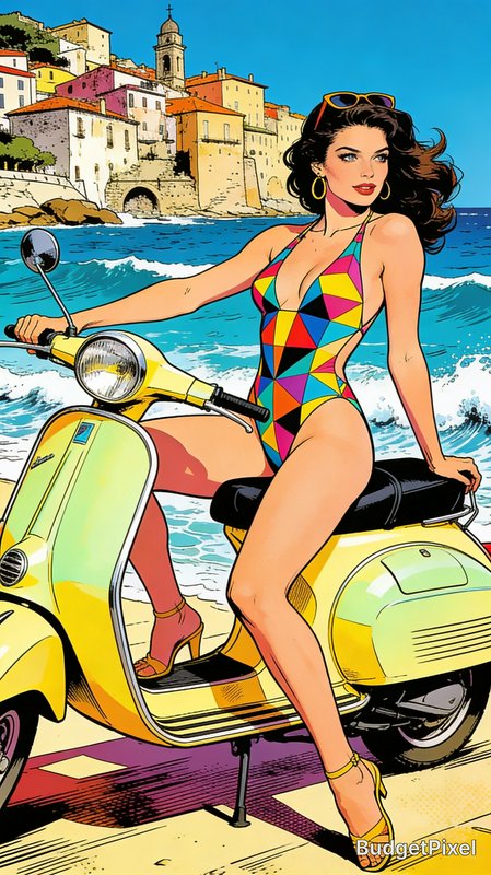 Pop art illustration of a woman in a colorful geometric swimsuit posed on a yellow scooter by a sunny coastline.