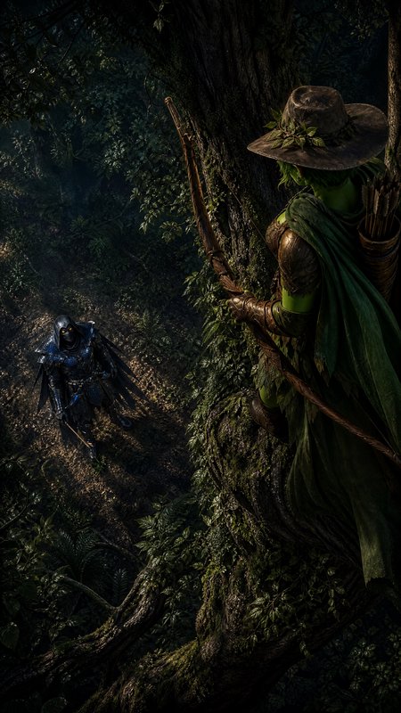 Archer in green cloak and wide hat perched on a tree limb above a dark armored foe in a dense forest.