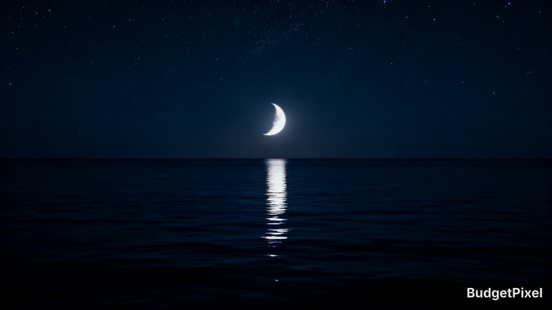 Crescent moon over a calm ocean at night with starry sky and moonlight reflection.