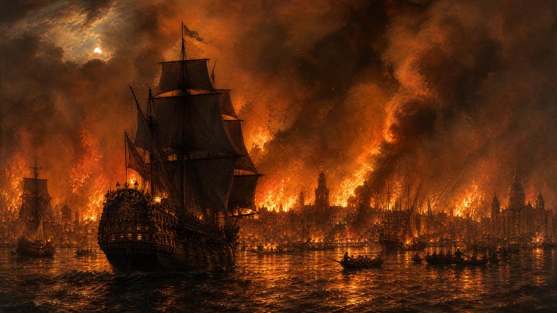 A large sailing ship ablaze on a fiery harbor, with smoke and smaller vessels nearby.