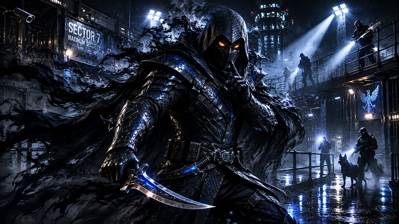 Armored futuristic ninja in dark cloak with glowing blades in a rain-soaked cyberpunk city.