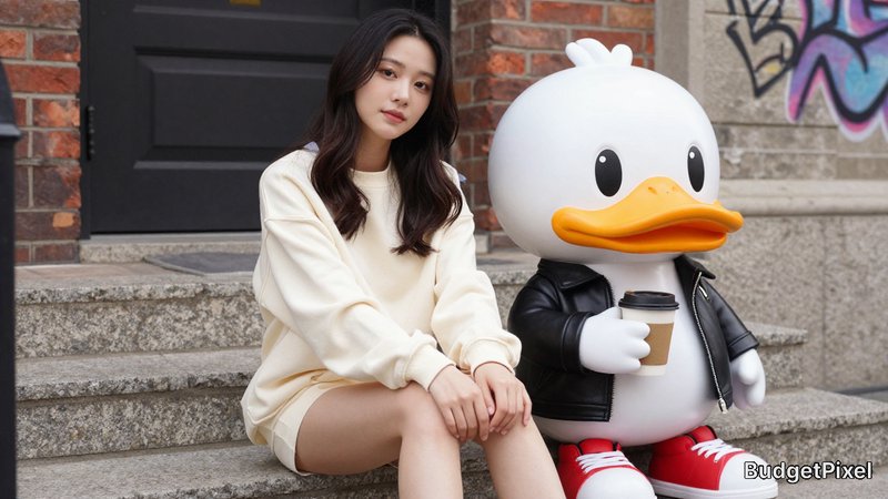 A young Hispanic Korean woman with long dark hair, wearing a cream oversized sweatshirt and shorts, sitting on stone steps. Next to her is a cartoon duck character with a large orange beak, black leather jacket, and red and white sneakers, holding a coffee cup. The background features brick walls and urban graffiti, with soft natural lighting illuminating the scene. The colors include cream, black, orange, red, and white, with textures of fabric and stone visible.