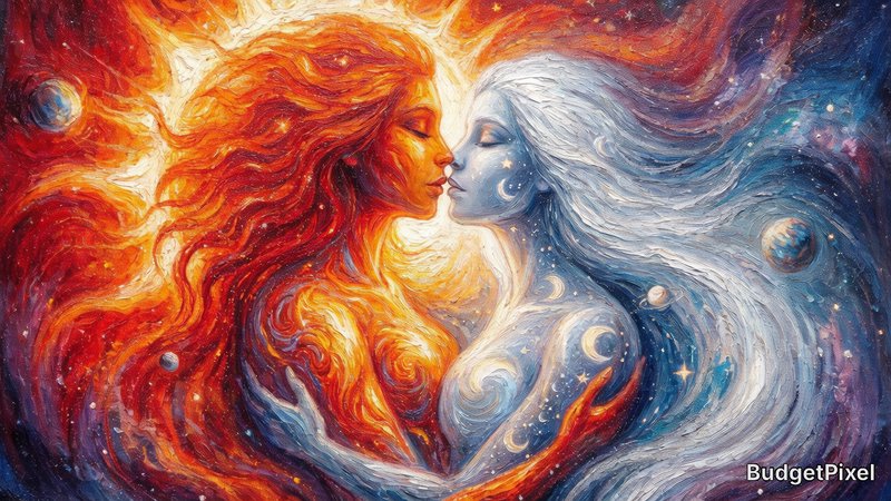 A vibrant, ethereal depiction of the Sun and Moon personified as divine beings, locked in a celestial embrace, with the Sun's radiant, fiery hair blending into the Moon's cool, starlit aura. The composition is a harmonious dance of contrasting elements, creating a sense of cosmic balance and spiritual connection. The background is a swirling nebula of deep blues, purples, and fiery oranges, punctuated by shimmering stars and cosmic dust, evoking a mystical and dreamlike atmosphere. The figures are rendered with flowing, organic lines and a rich, impasto texture, reminiscent of a masterful oil painting. The lighting is dramatic and symbolic, with the warm, intense glow of the sun illuminating one side of the scene and the cool, gentle luminescence of the moon bathing the other. The color palette is a striking juxtaposition of warm reds, oranges, and yellows against cool blues, indigos, and whites, creating a powerful visual narrative of duality and unity. The overall mood is one of awe, wonder, and profound cosmic love.