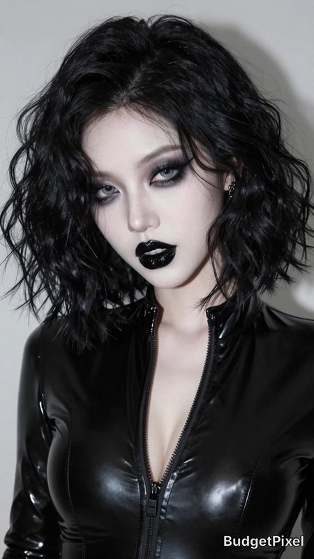 Pale skinned goth girl, big lips from plastic surgery with glossy black lipstick, lots of eyeshadow, and short wavy black hair about 4 inches length, wearing a latex bodysuit, looking at me.