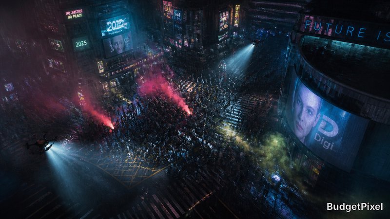 Aerial view of a rainy night cyberpunk city square packed with protesters, glowing neon billboards, and patrolling