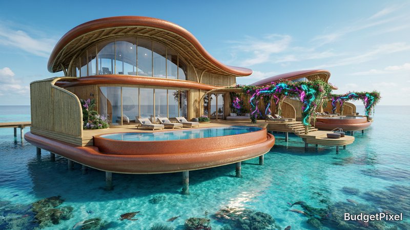 A luxurious overwater villa floating on a tranquil turquoise sea, futuristic curving architecture blending glass, bamboo, and shimmering terracotta. The main terrace level touches the water surface, featuring a floating infinity pool that blends seamlessly with the ocean. Vibrant neon floral vines draping over the wooden decks. Crystal clear water revealing vibrant marine life just below the surface. Sunlight reflecting on the water, photorealistic, Unreal Engine 5 render, vibrant colors, dramatic ocean atmosphere --ar 16:9 --style raw --v 6.0.