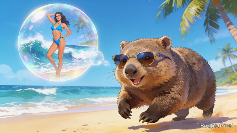 [Smiling sunglasses-wearing quokka on a tropical beach blows a giant iridescent thought bubble with a woman in a blue bikini]