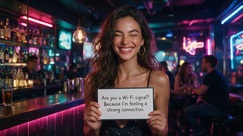 Joyful laughing woman at a neon nightclub holds a sign with a flirty Wi-Fi connection pickup line.