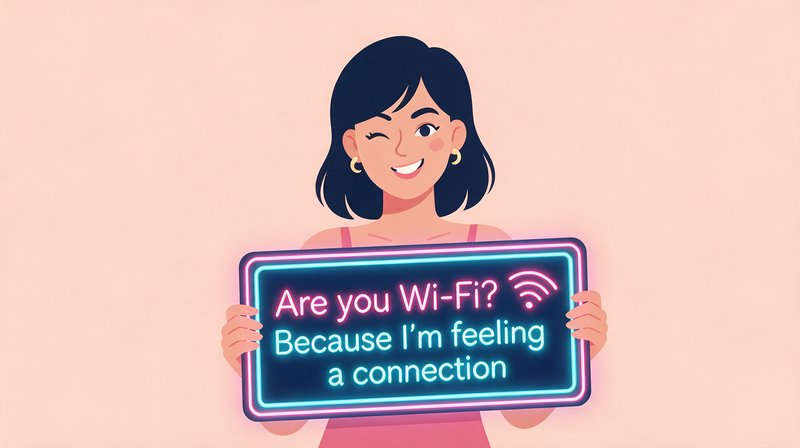 Winking smiling woman holding a neon sign with a playful Wi-Fi themed pickup line on a soft peach background