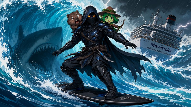 Hooded armored fantasy warrior surfs a giant storm wave with goblin archer and beaver, as a great white shark