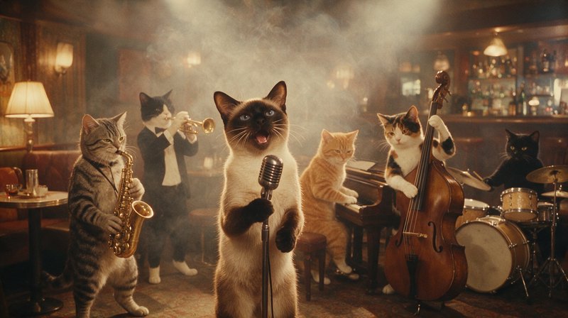 Anthropomorphic cat jazz band performs in a smoky vintage bar, lead Siamese cat sings into a retro microphone
