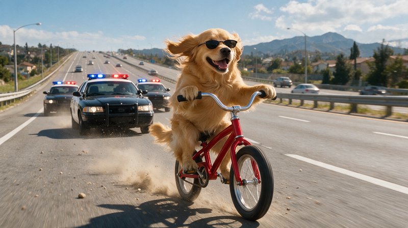 Cheerful golden retriever wearing sunglasses rides a small red bicycle on a highway, leading pursuing police cars with