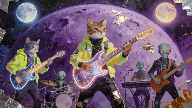 Surreal mixed media art of a cat and alien rock band playing glowing neon guitars on a purple moon in outer space