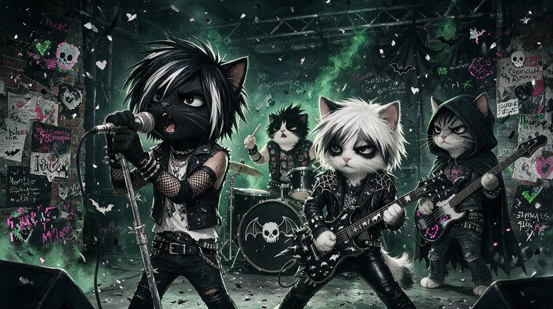 Anthropomorphic emo cat rock band performs live on a foggy, graffiti-covered underground concert stage