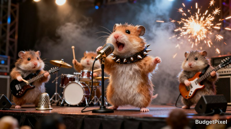 Anthropomorphic hamster rock band performs live on a lit concert stage, lead singer at a vintage microphone