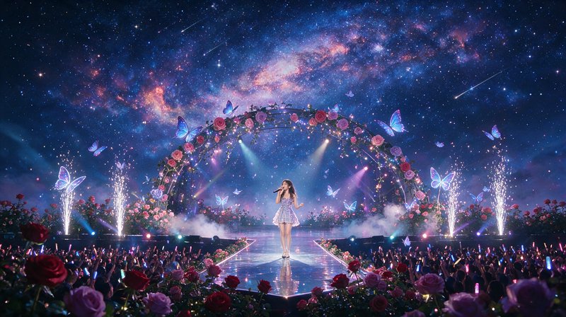 Female singer performs on a magical floral concert stage beneath a glowing starry galaxy sky with floating iridescent