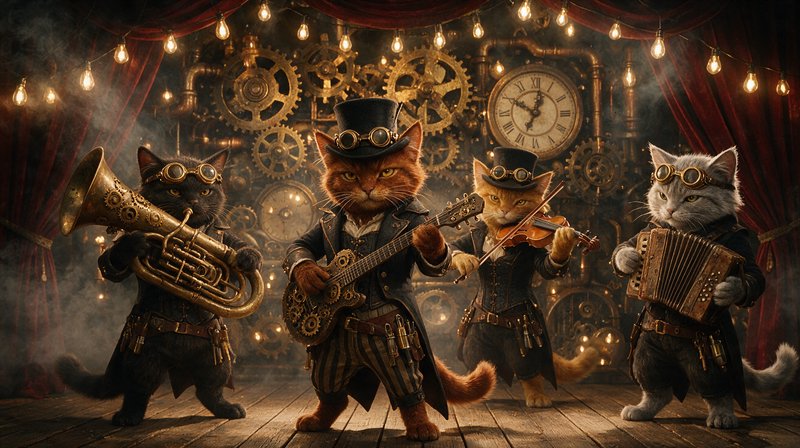 Four anthropomorphic steampunk cats in top hats play instruments on a vintage theatre stage with a gear backdrop