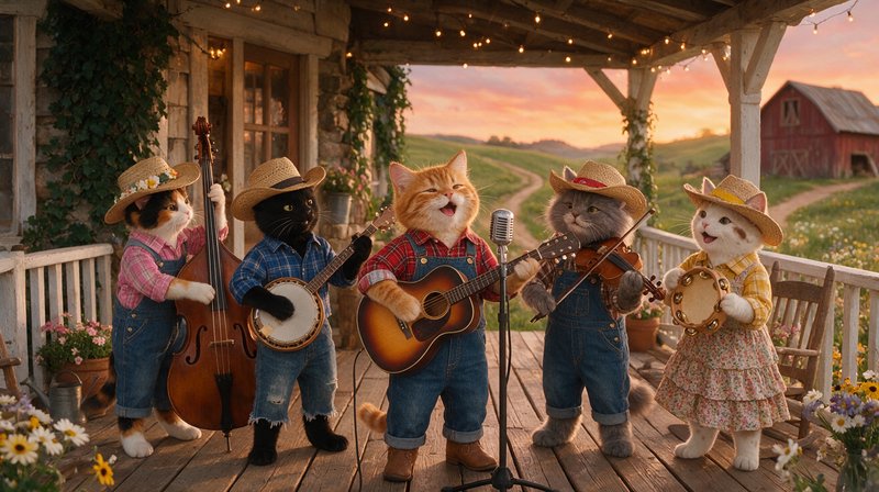 Five anthropomorphic cats in country attire play folk instruments on a farmhouse porch at golden sunset.