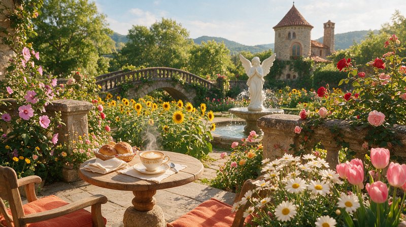Wooden patio table set for breakfast overlooks a sunlit fairytale garden with fountain, sunflowers, stone castle and