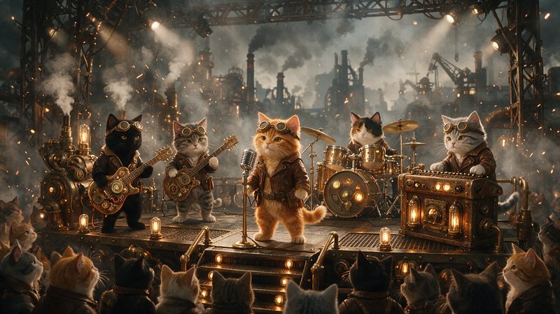 Steampunk cat band wearing goggles performs on stage for a feline audience, smoky industrial factory backdrop