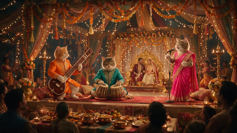Anthropomorphic cat musicians perform at a lavish, festively decorated traditional Indian wedding reception stage