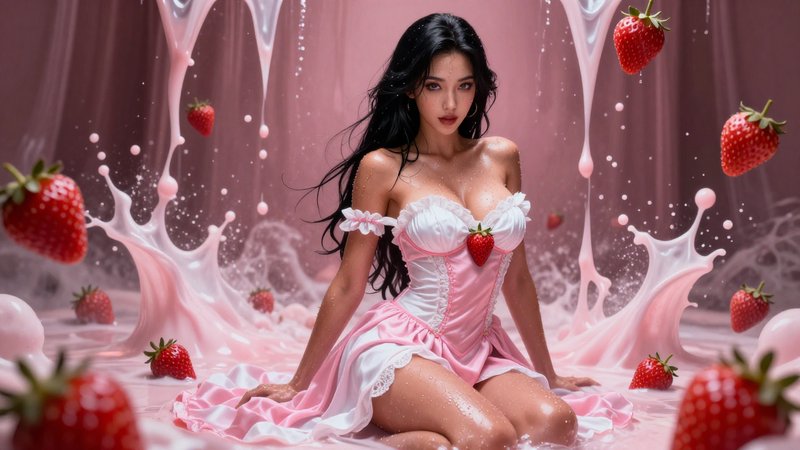 a full-body shot of a wet tanned skinned rendered Korean pinup model Enchantress woman with long, black hair wearing a strawberry pink and white gown, in the style of d&d character art, cinematic and dramatic, with cinematic lighting and a bright light emanating from her skin. Interior setting made full of flowing strawberry milk shake liquid and a strawberry water falls.