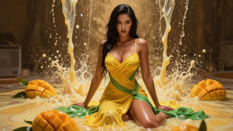 a full-body shot of a wet tanned skinned rendered Korean pinup model Enchantress woman with long, black hair wearing a mango yellow and green gown, in the style of d&d character art, cinematic and dramatic, with cinematic lighting and a golden light emanating from her skin. Interior setting made full of flowing mango milk shake liquid and a mango water falls.